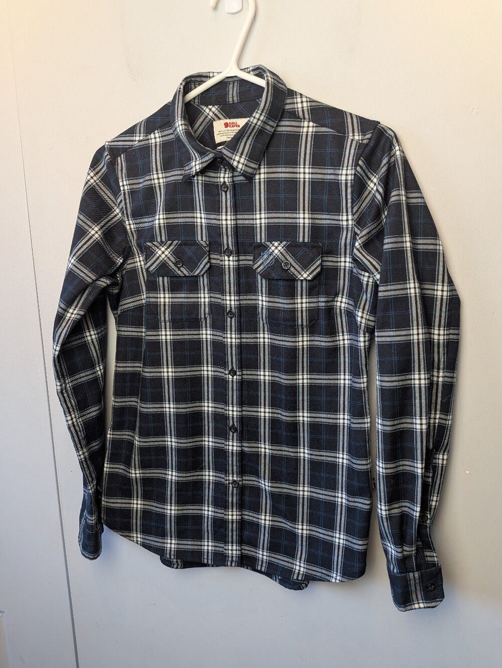 FJALLRAVEN Fjallglim Stretch Shirt Women XS Plaid Button Down Long Sleeve Blue